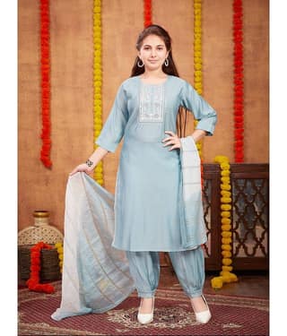 Aarika Girls Silk Patiala Kurta Set ( Pack of 1 , Sky Blue )