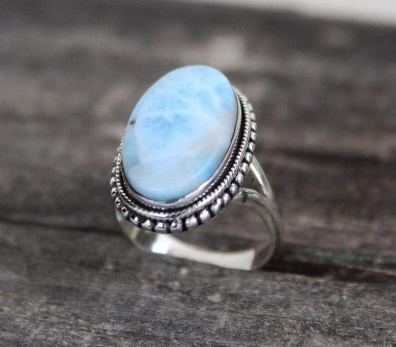 Larimar Ring, 925 Sterling Silver Ring, Statement Larimar Gemstone Ring Designer Handmade Jewelry Gift For Her view 6