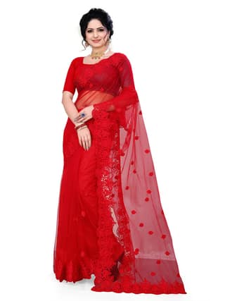 Embroidered Bollywood Net Saree (Red)