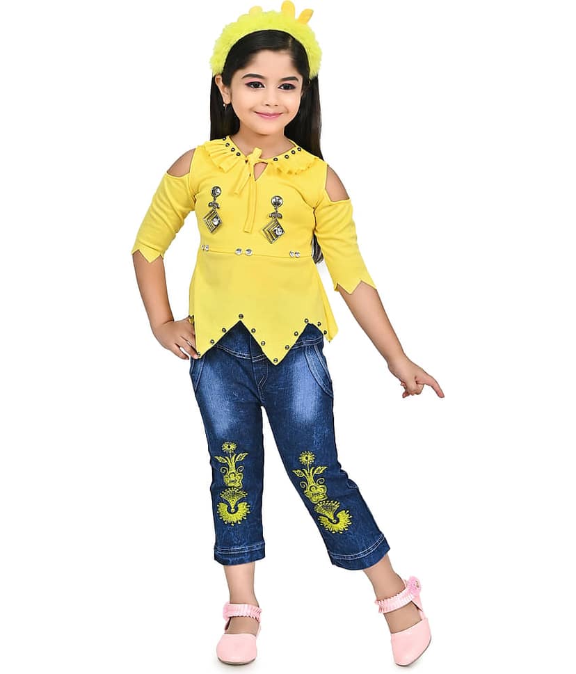 IMON BASID Pack of 1 Girls Linen Top With Jeans ( Orange )