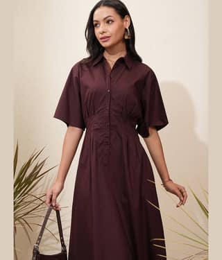 Tokyo Talkies Women Cotton Shirt Dress ( Brown )