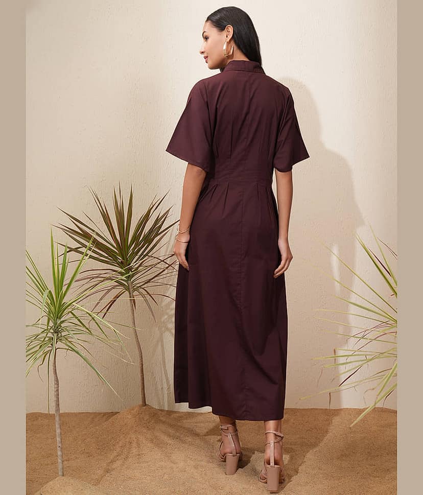 Tokyo Talkies Women Cotton Shirt Dress ( Brown ) view 3