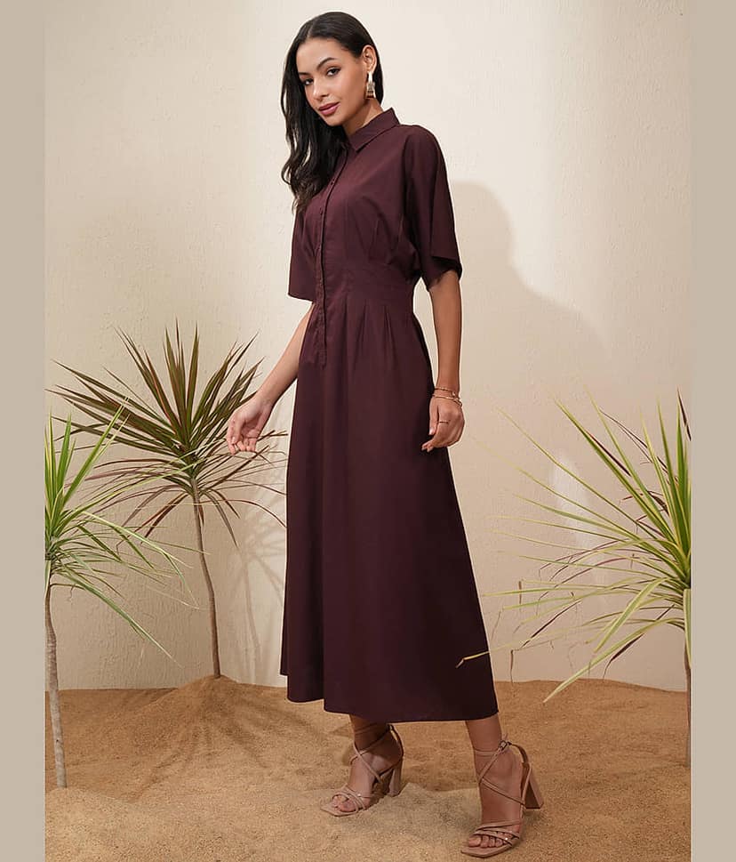 Tokyo Talkies Women Cotton Shirt Dress ( Brown ) view 4