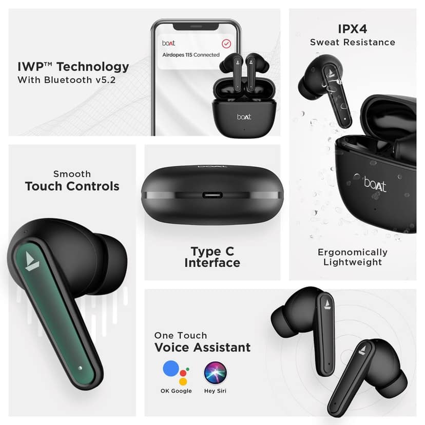 Boat Airdopes 115 in Ear TWS Earbuds with ENx & Beast Mode, Upto 24 Hrs Playback and ASAP Charge(Active Black) view 3