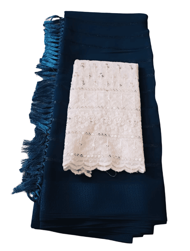 Elegant Navy Blue Saree with White Blouse Piece view 3
