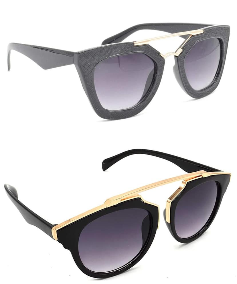Hrinkar Unisex Rectangular Sunglasses Golden Frame, Grey Lens (Medium) - Pack of 2