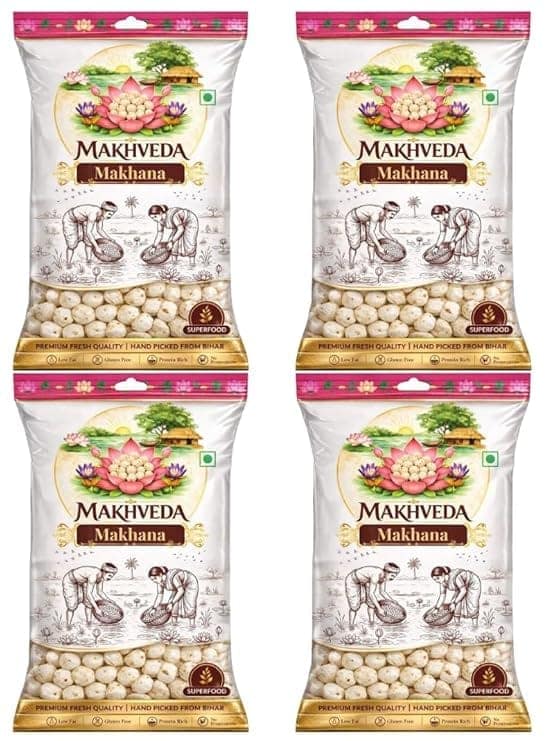 MAKHVEDA - Makhana | Premium 4+ Suta Hand Picked Phool Makhana | Healthy Fasting Snack | Fox Nuts | Lotus Puffs | Desi Superfood