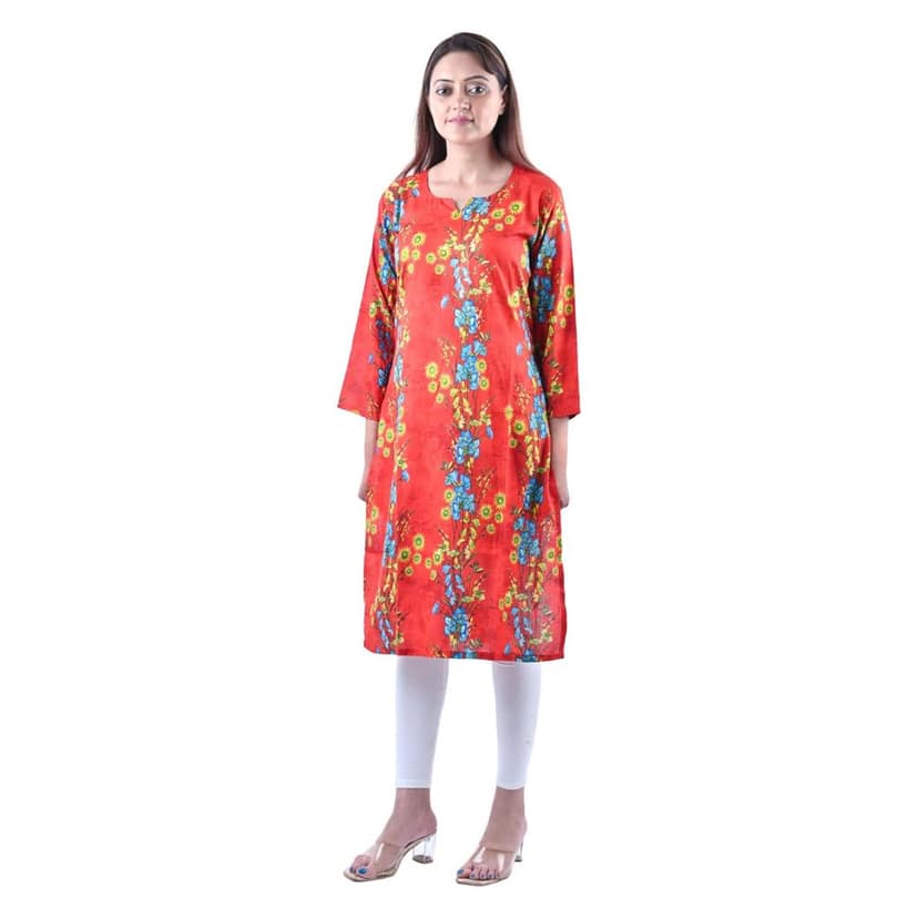 Rayon Fabric Red Printed Stylish New design Kurti Women's view 3
