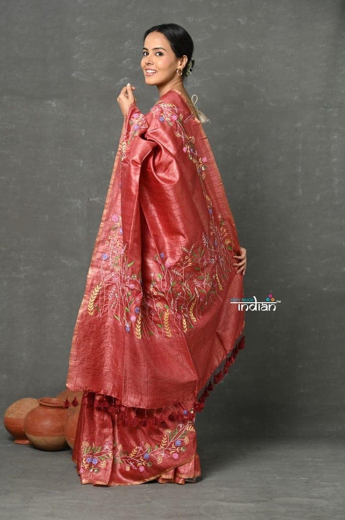 Tyohaar ~ Pure Handloom Tussar Silk with Hand Embroidery by Khadigram Certified Weavers ~ Copper Red view 2