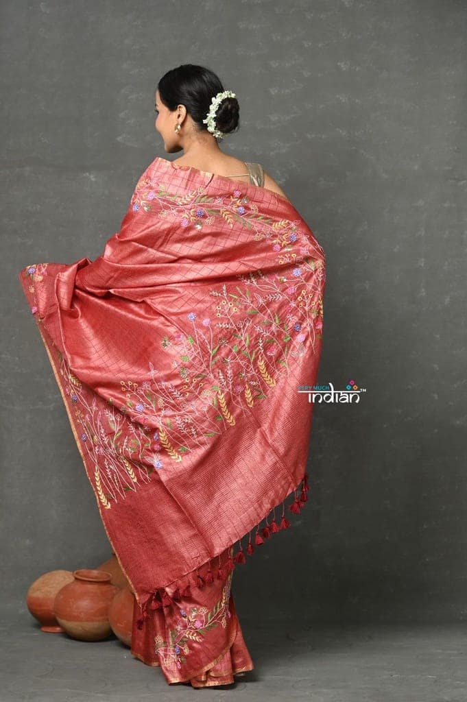Tyohaar ~ Pure Handloom Tussar Silk with Hand Embroidery by Khadigram Certified Weavers ~ Copper Red view 3