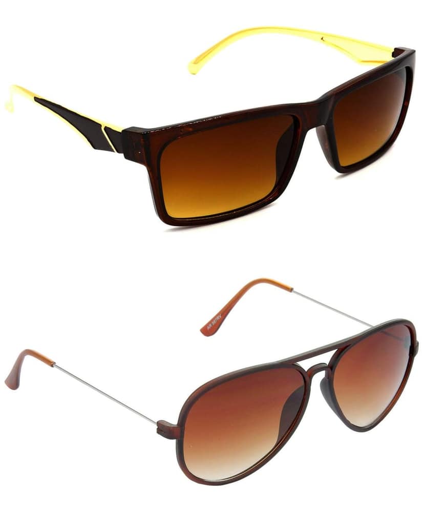 Hrinkar Unisex Rectangular Sunglasses Golden & Brown Frame, Brown Lens (Medium) - Pack of 2