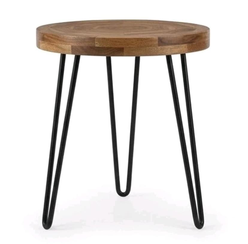 Handcrafted Round Wooden Coffee Table Iron Trio Legs Modern Table view 2