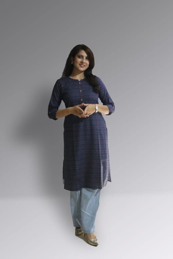 Women's Pure Cotton Straight Blue Multi Color Embellished Kurta