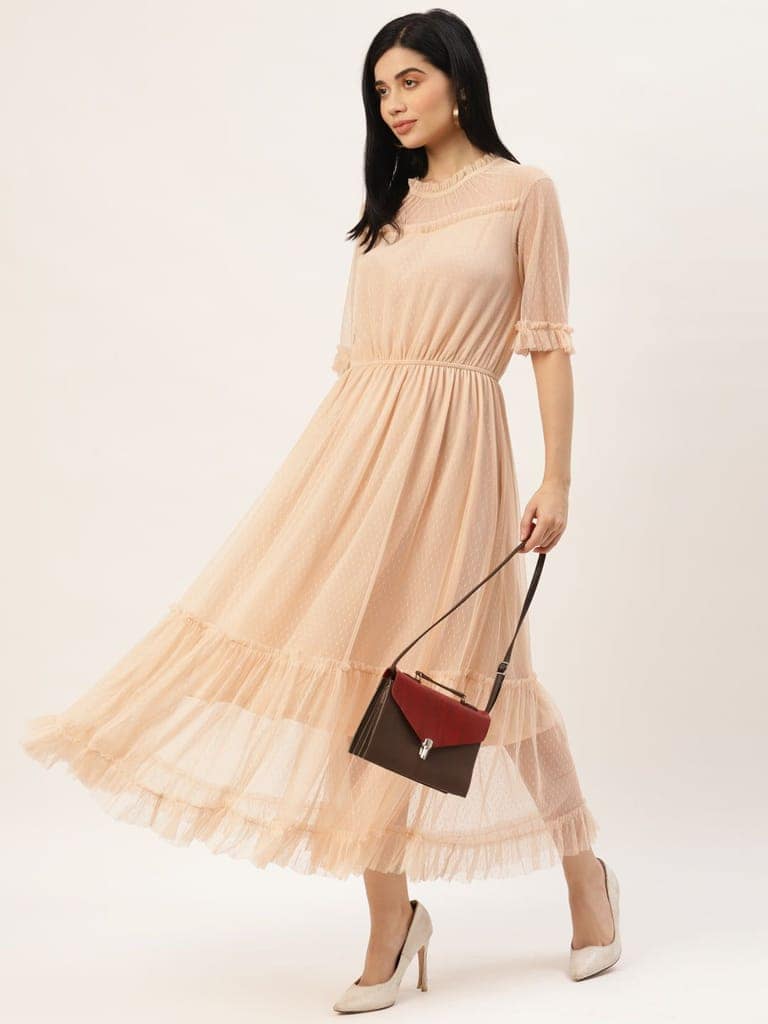 Women Peach-Coloured Dobby Weave Net Midi Dress view 5