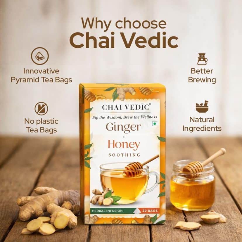 Chai Vedic Ginger Honey Herbal Infusion Tea, Soothing Blend with Lemongrass, Licorice and Fennel, Tea Bags view 5