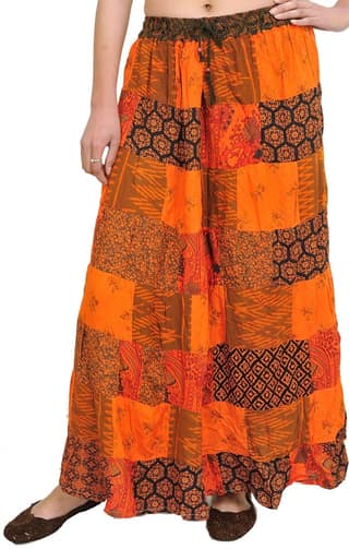 Orange Printed Long Boho Skirt from Gujarat with Patch Work
