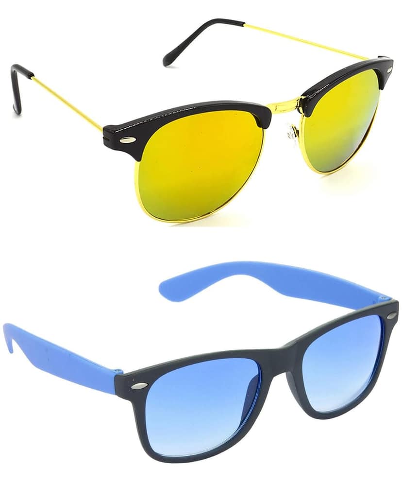 Hrinkar Unisex Rectangle Sunglasses Golden & Blue Frame, Golden & Blue Lens (Medium) - Pack of 2