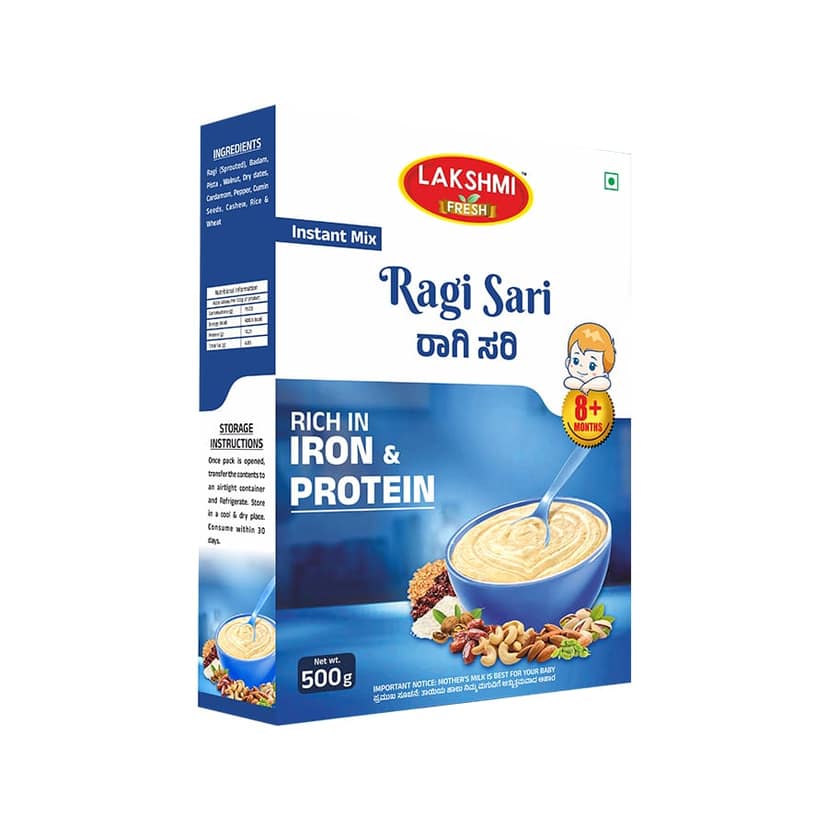 Lakshmi Fresh Ragi Sari for Babies 500g | Sprouted Ragi Powder | Baby Ragi Cereal | Instant Ragi Porridge Mix (pack of 5)