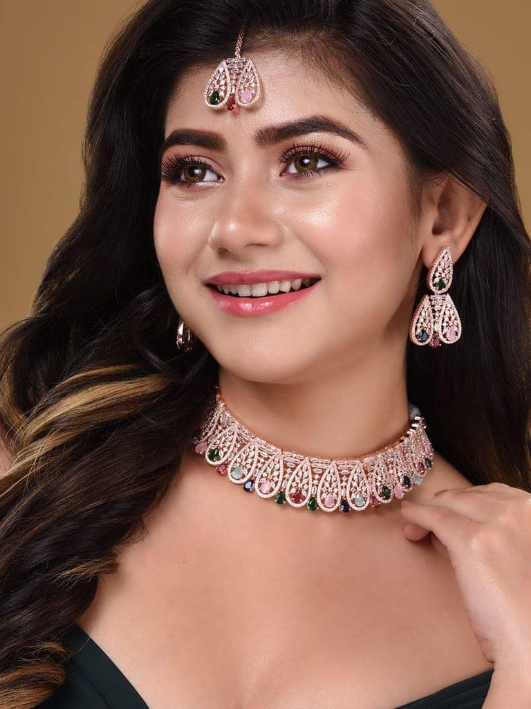 Rose Gold Plated Nav Ratna AD Studded Choker Jewellery Set