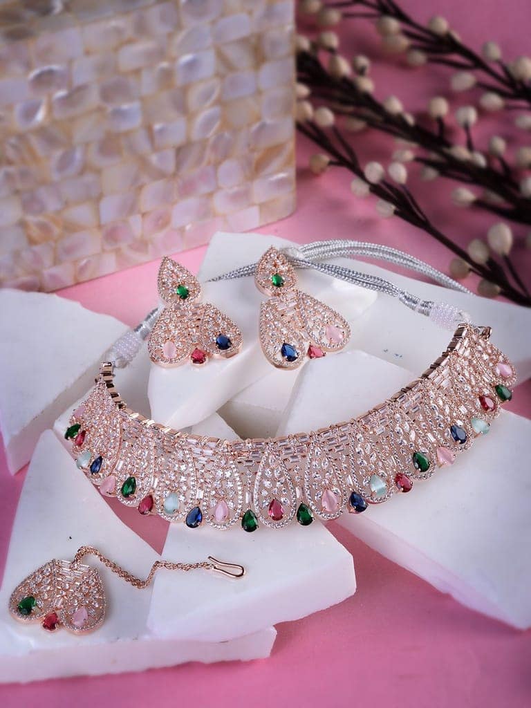 Rose Gold Plated Nav Ratna AD Studded Choker Jewellery Set view 2