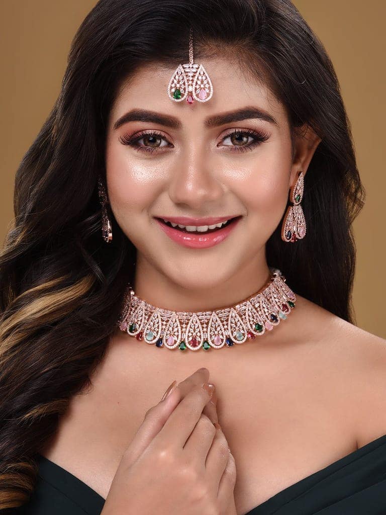 Rose Gold Plated Nav Ratna AD Studded Choker Jewellery Set view 3