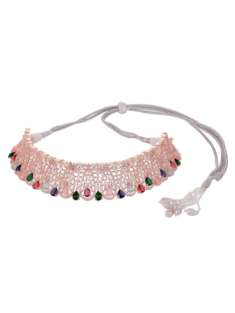 Rose Gold Plated Nav Ratna AD Studded Choker Jewellery Set view 6