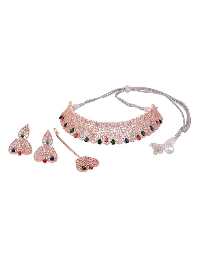 Rose Gold Plated Nav Ratna AD Studded Choker Jewellery Set view 7