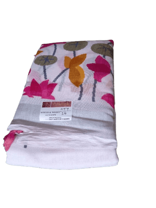 White and Pink Linen cotton Floral Saree