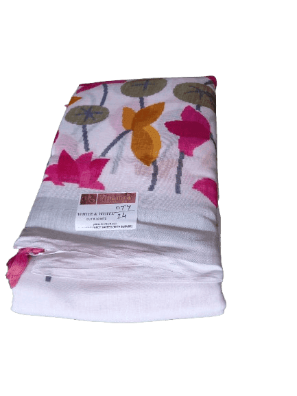 White and Pink Linen cotton Floral Saree