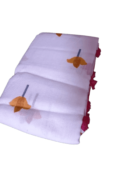White and Pink Linen cotton Floral Saree view 2