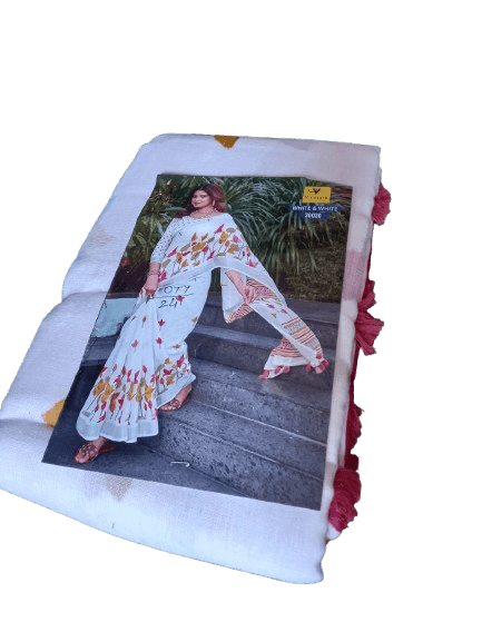 White and Pink Linen cotton Floral Saree view 3