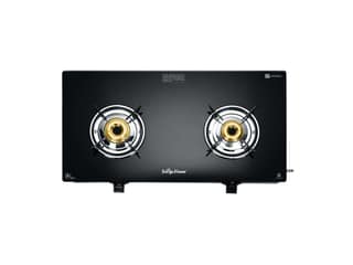 Surya Flame Maestro 2-Burner Gas Stove, Toughened Glass Top, 2 Tri-Pin Brass Burners, Manual Ignition, 69%+ Efficiency, ISI Certified - Black