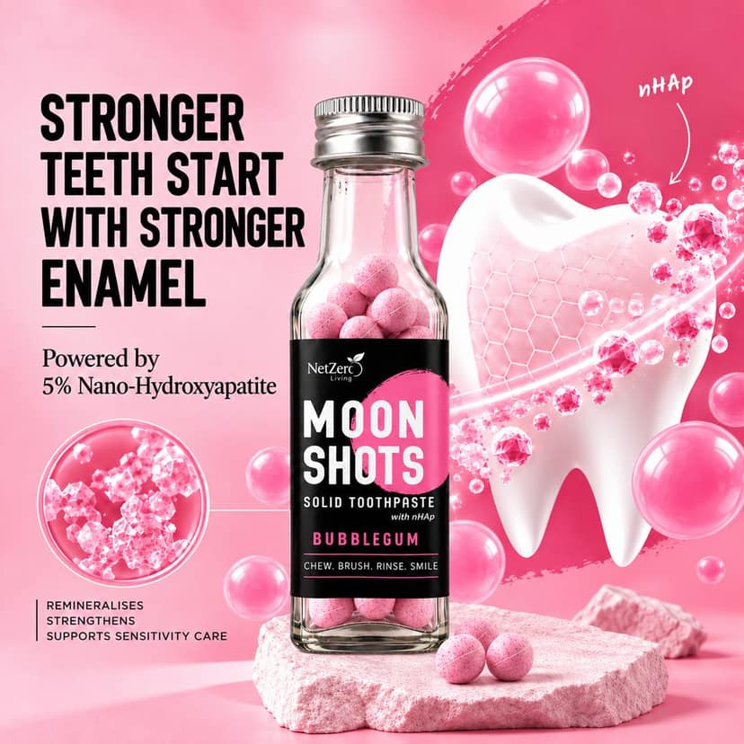 Moonshots Solid Toothpaste Tablets – Bubblegum (90 pcs) | 5% nHAp | Fluoride & SLS Free | No Preservatives | with Xylitol & Oral Probiotics | Travel-Friendly view 2