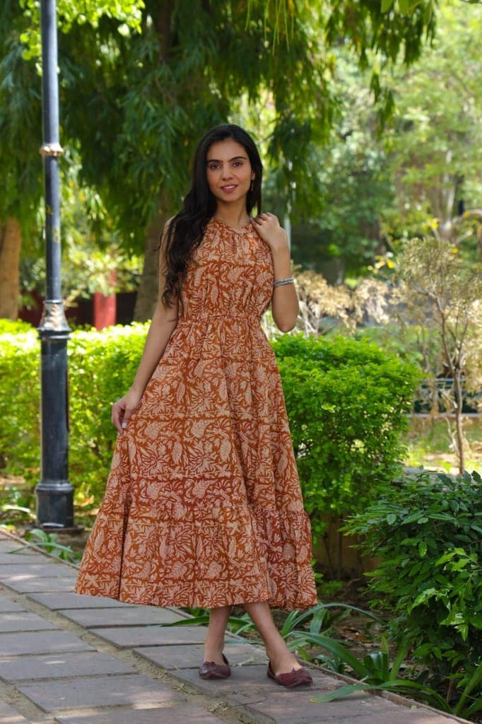Pure Cotton Halter Neck Midi Orange Dress Hand Block Printed (Size: 38-46)-4885 view 4