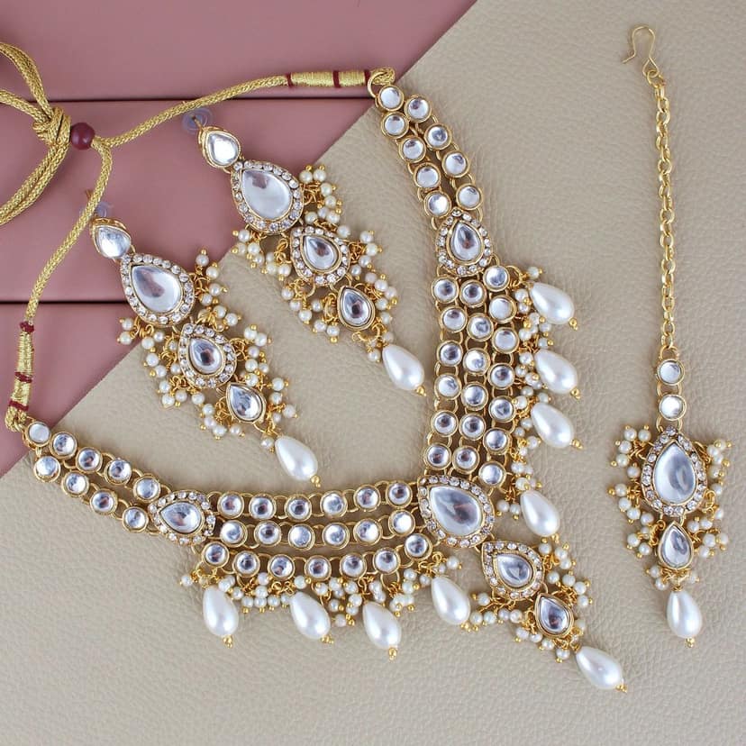 Lucky Jewellery Gold Plated White Color Tika Earring Necklace Combo Kundan Jewellery Set (726-MSK-3-LINE-W)