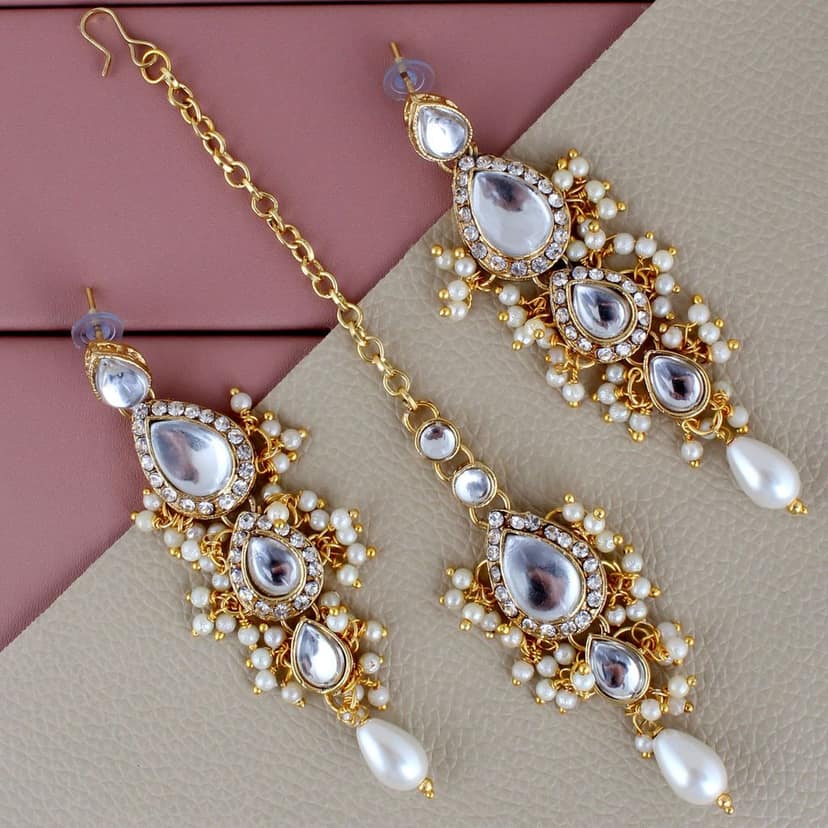 Lucky Jewellery Gold Plated White Color Tika Earring Necklace Combo Kundan Jewellery Set (726-MSK-3-LINE-W) view 2