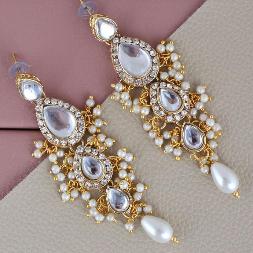 Lucky Jewellery Gold Plated White Color Tika Earring Necklace Combo Kundan Jewellery Set (726-MSK-3-LINE-W) view 3