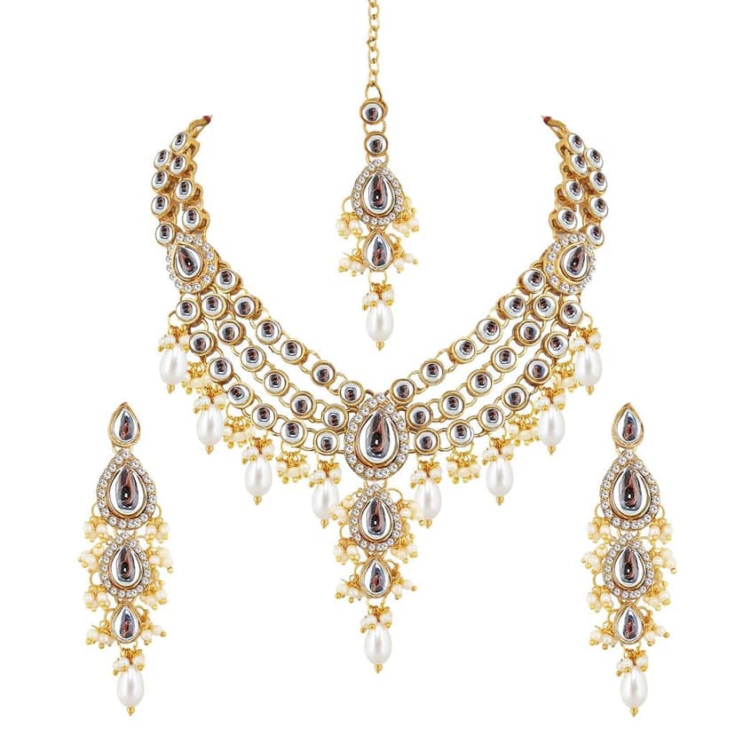 Lucky Jewellery Gold Plated White Color Tika Earring Necklace Combo Kundan Jewellery Set (726-MSK-3-LINE-W) view 4