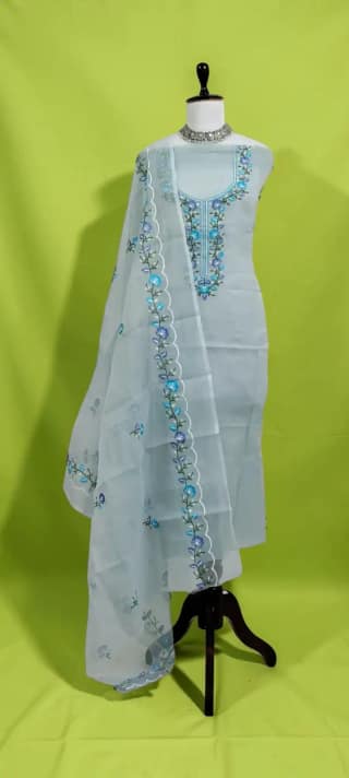 Kota Doria Handloom Dress Material with Blue Floral Gota Patti Yoke