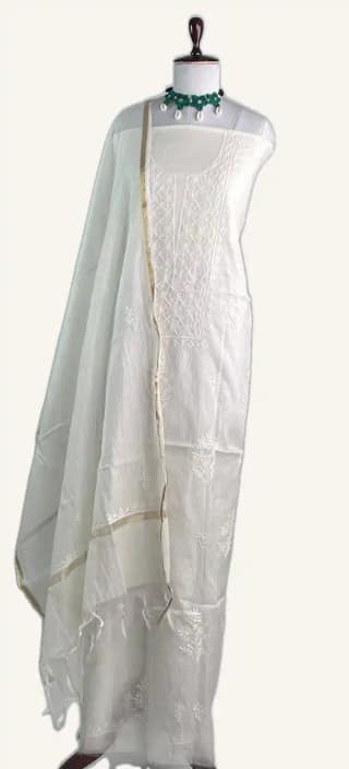 Chikankari Mul Chanderi Dress Material Ivory Zari Dupatta