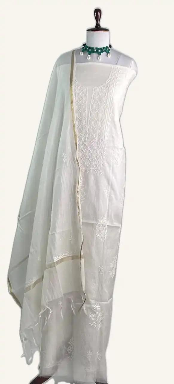 Chikankari Mul Chanderi Dress Material Ivory Zari Dupatta