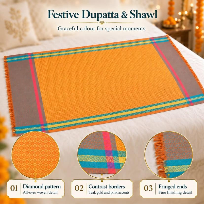 Stylish Shawl with Contrast Borders for Festive Ethnic Wear (1 Pc, 158x78 Cm) view 2