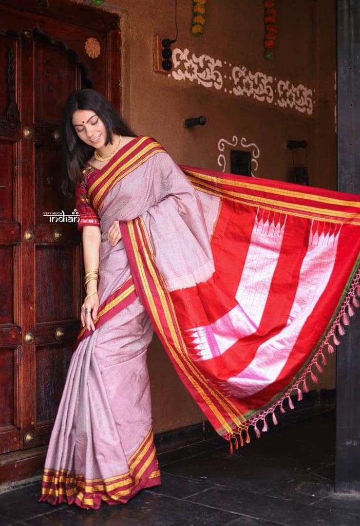 Handloom Cotton Viscose Ilkal Saree with Pure Resham Pallu Micro Checks Pastel Pink with Red Border