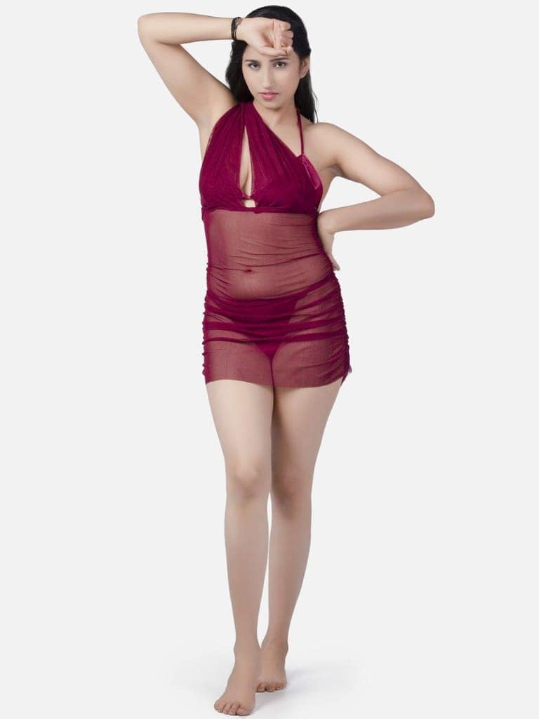 Sheer Net Hot Wine Babydoll Bikini Night Dress for Honeymoon K11W view 5