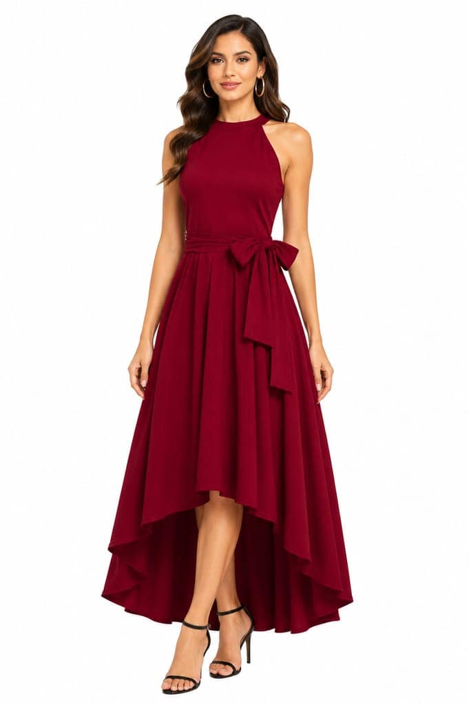 LICOLA Women & Girls Halter Neck High Low Maxi Dress with Waist Tie | Stylish One Piece Long Gown for Women | Sleeveless Western Dress for Women Party Wear & Casual