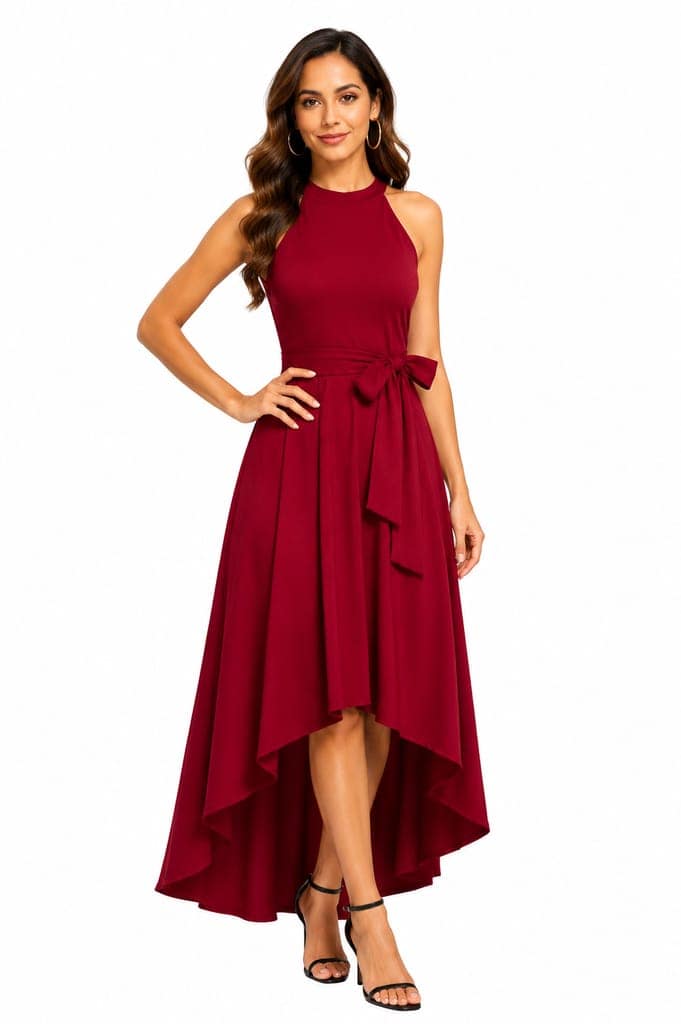 LICOLA Women & Girls Halter Neck High Low Maxi Dress with Waist Tie | Stylish One Piece Long Gown for Women | Sleeveless Western Dress for Women Party Wear & Casual view 2