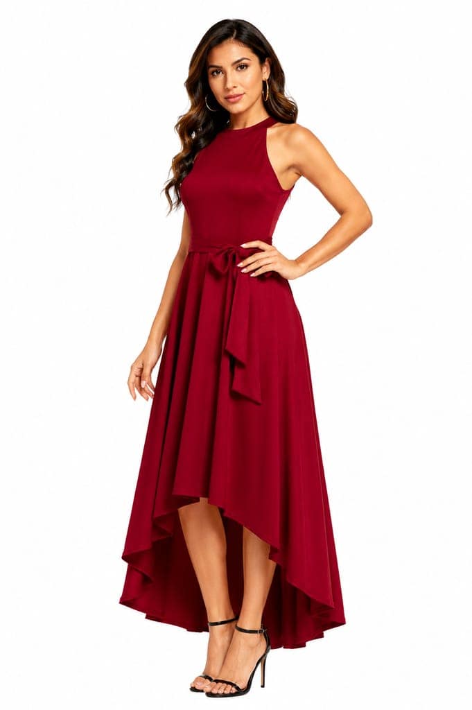 LICOLA Women & Girls Halter Neck High Low Maxi Dress with Waist Tie | Stylish One Piece Long Gown for Women | Sleeveless Western Dress for Women Party Wear & Casual view 3