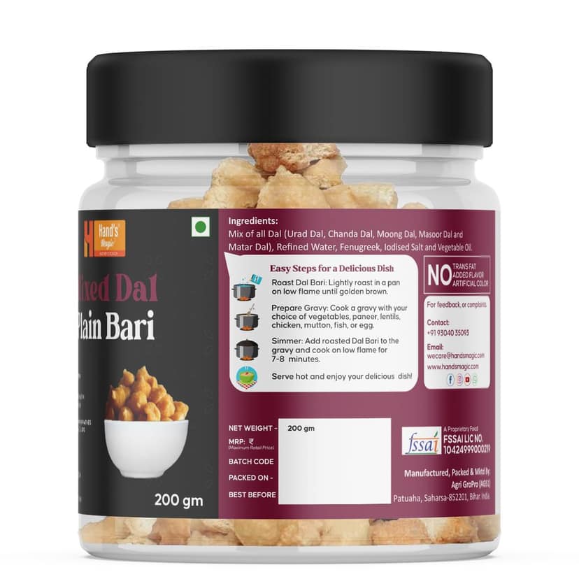 Hand’s Magic Mixed Dal Plain Bari – Premium Pack | High Protein | Blend of Urad, Chana, Moong, Masoor & Matar Dal | Ready to Cook | 100% Homemade | No Preservatives | 200g view 3