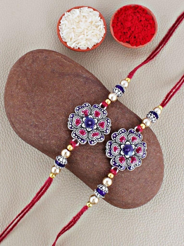 Lucky Jewellery Designer Oxidised Silver Meena Floral Rakhi - Rakshabandhan Rakhee Bracelet for Brother/Bhaiya/Bhai/Bhabhi - Pack of 2 (108-CHR1-1966-P-S-2) view 2