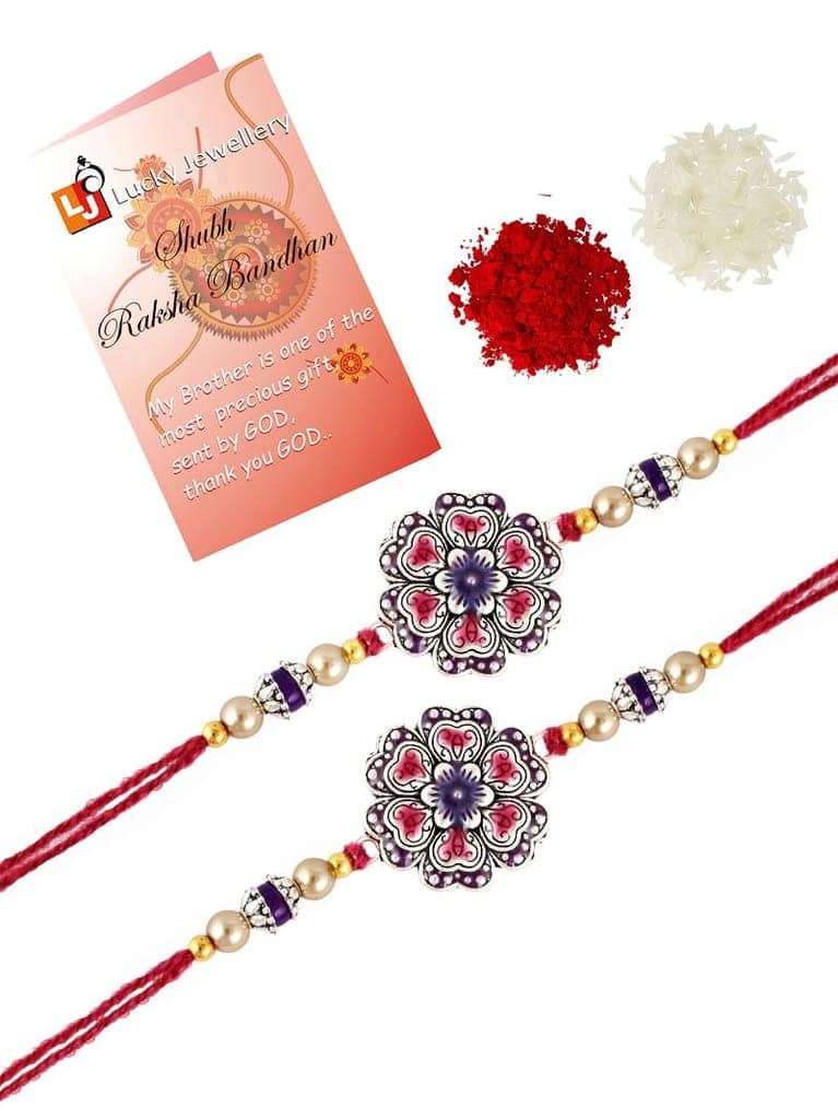 Lucky Jewellery Designer Oxidised Silver Meena Floral Rakhi - Rakshabandhan Rakhee Bracelet for Brother/Bhaiya/Bhai/Bhabhi - Pack of 2 (108-CHR1-1966-P-S-2) view 3